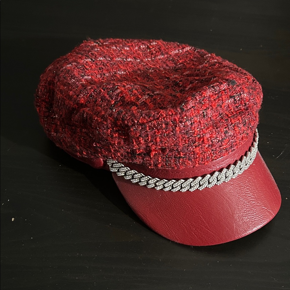 AKIRA Red Tweed Cap with Silver Chain